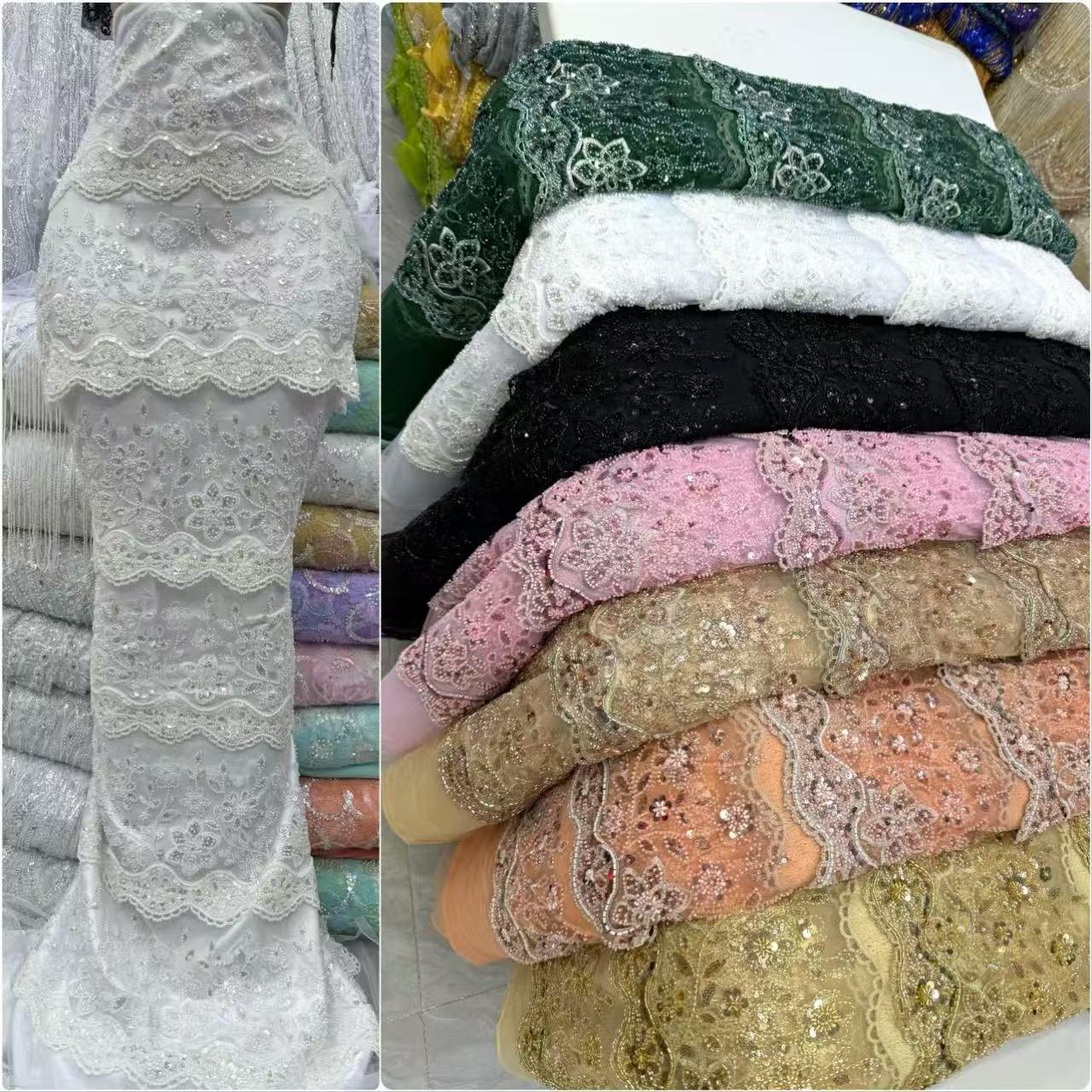 African Beaded Lace Fabric Hig - Wedding Dress Supply 评论和价格